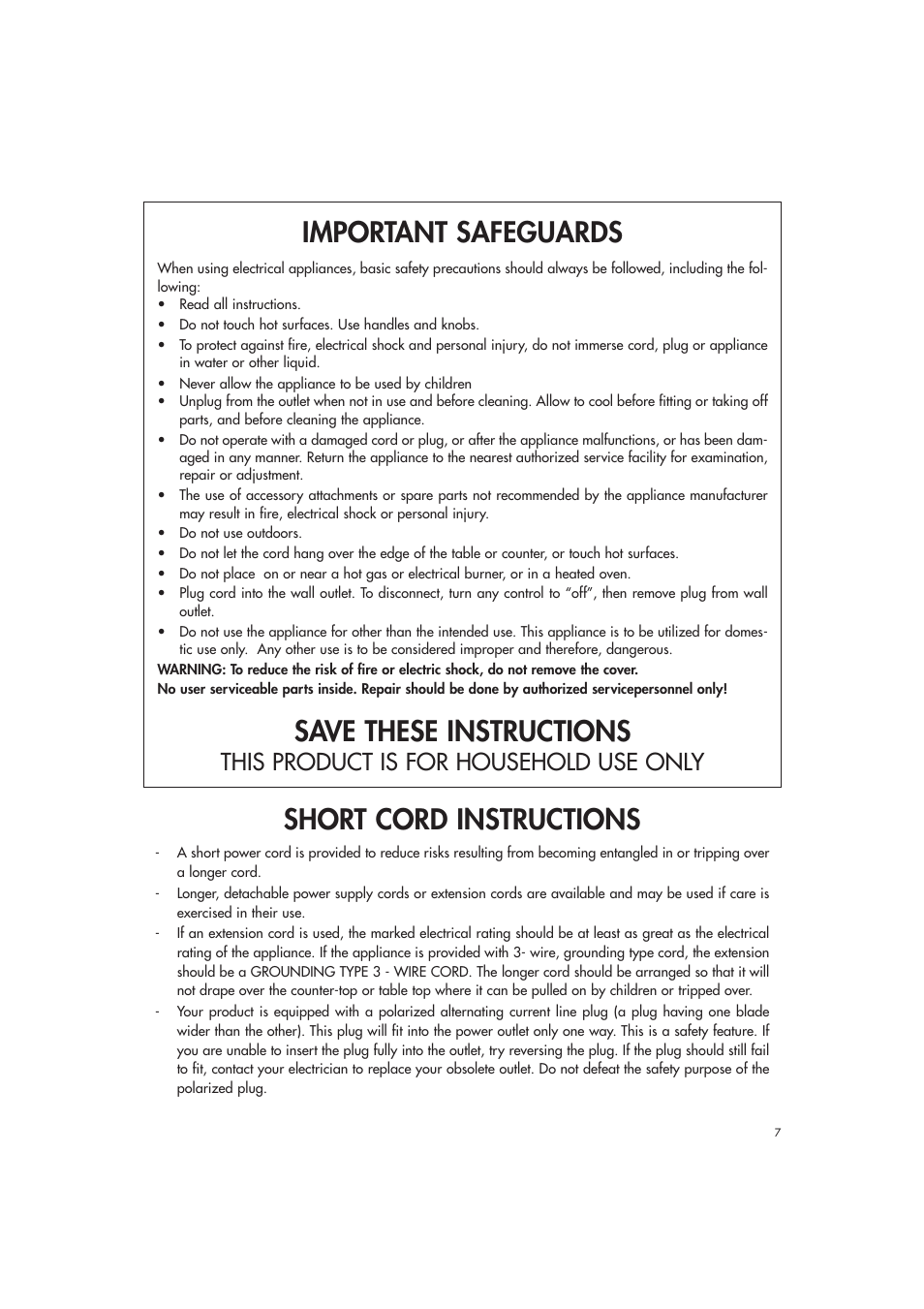 Short cord instructions, Important safeguards, Save these instructions | This product is for household use only | DeLonghi EAM3500 User Manual | Page 7 / 23