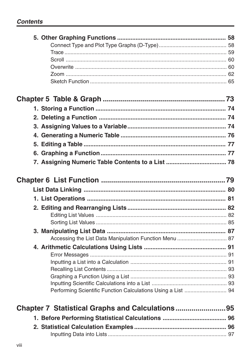 Chapter 5 table & graph, Chapter 6 list function, Chapter 7 statistical graphs and calculations | Casio fx-7400G PLUS Getting Acquainted User Manual | Page 10 / 14