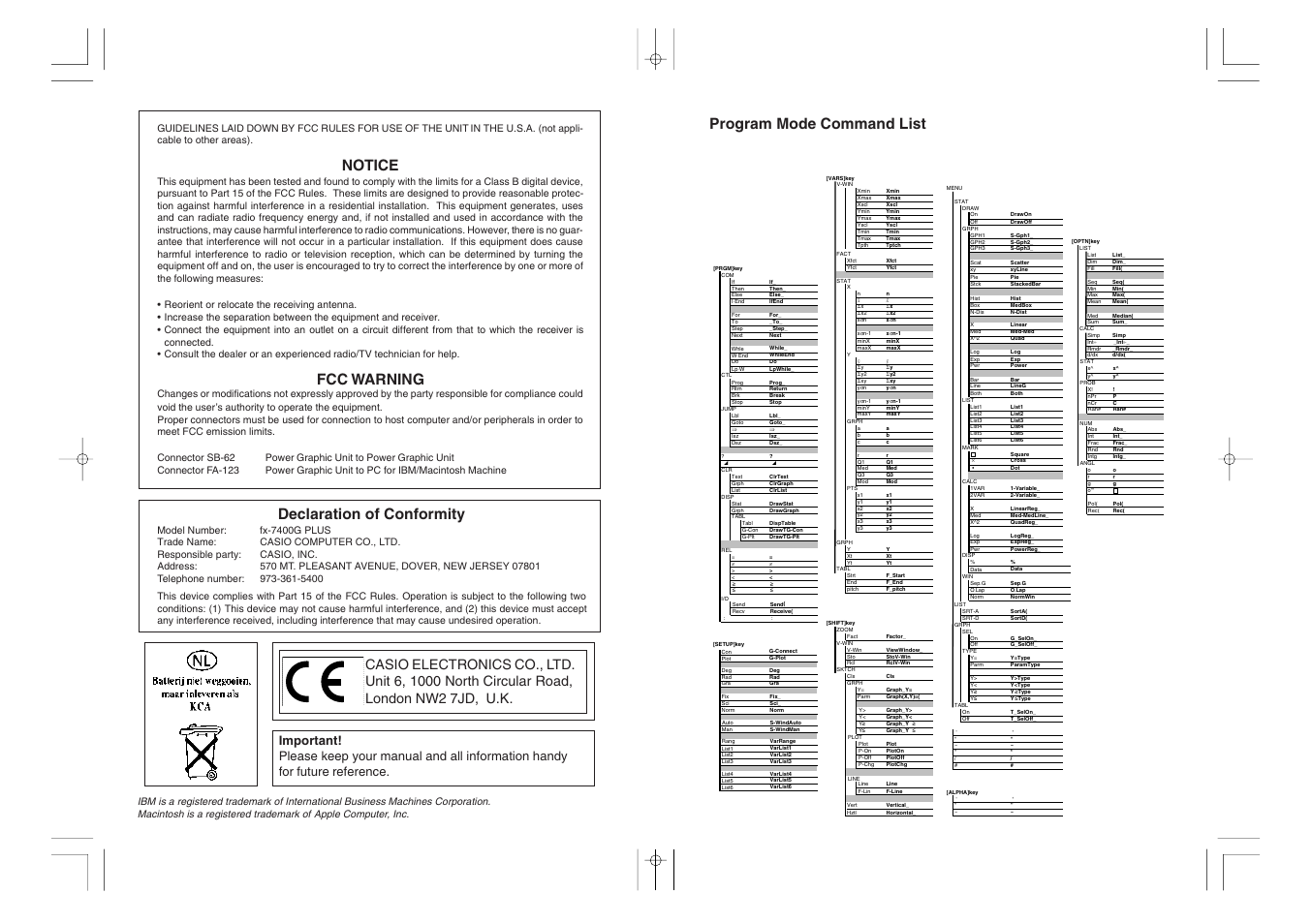 Notice, Fcc warning, Program mode command list | Declaration of conformity | Casio fx-7400G PLUS Getting Acquainted User Manual | Page 2 / 14