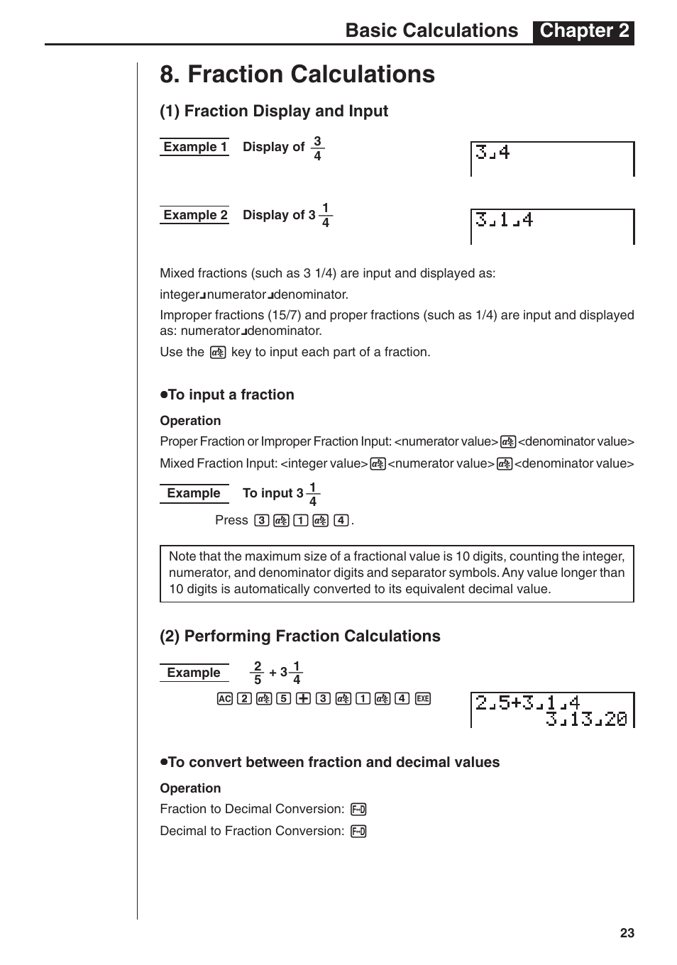 Fraction calculations, Basic calculations chapter 2, 1) fraction display and input | 2) performing fraction calculations | Casio fx-7400G PLUS Basic Operation User Manual | Page 11 / 30