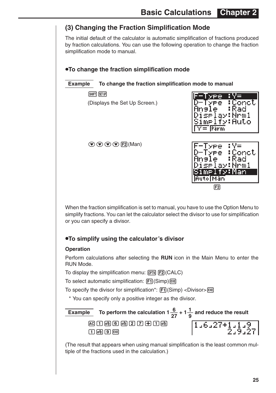 Basic calculations chapter 2, 3) changing the fraction simplification mode | Casio fx-7400G PLUS Basic Operation User Manual | Page 13 / 30