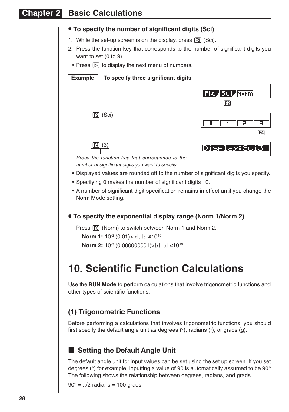 Scientific function calculations, Chapter 2 basic calculations, 1) trigonometric functions | Kk setting the default angle unit | Casio fx-7400G PLUS Basic Operation User Manual | Page 16 / 30