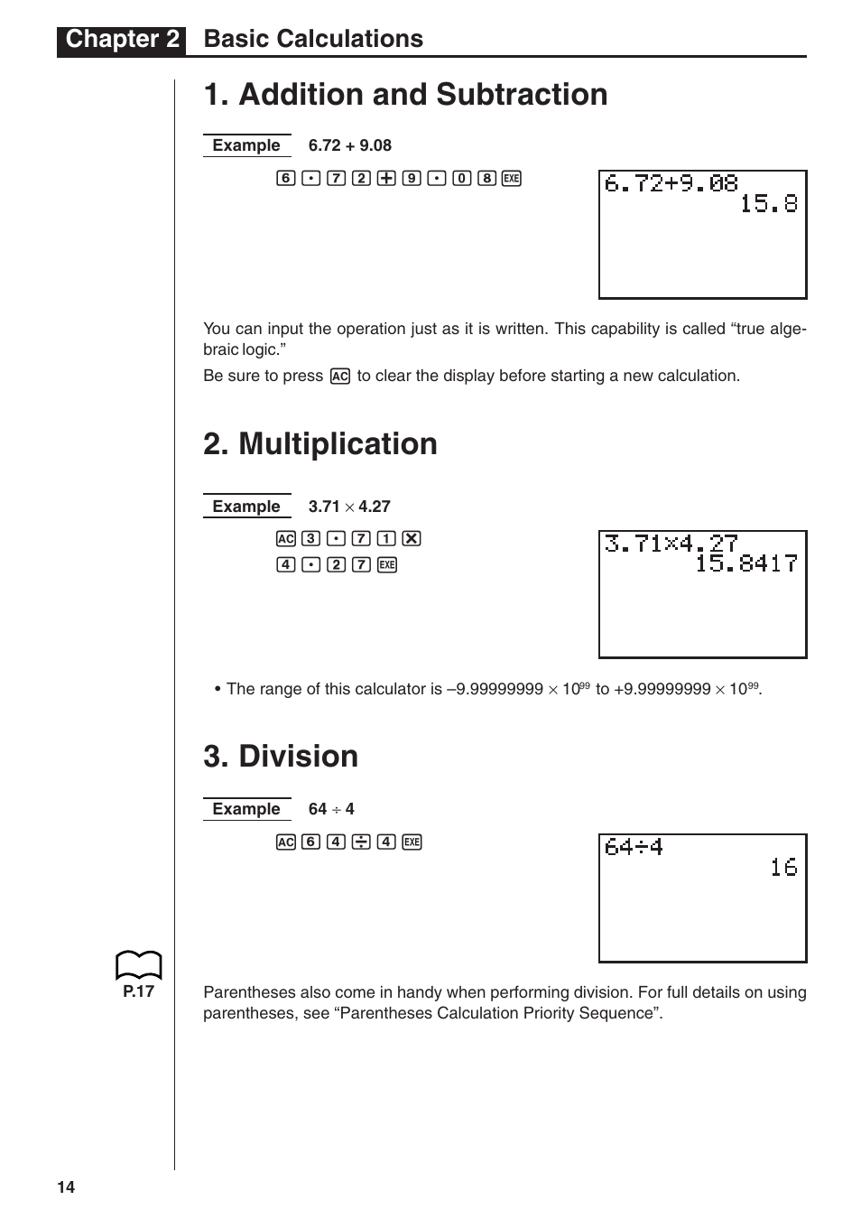 Addition and subtraction, Multiplication, Division | Chapter 2 basic calculations | Casio fx-7400G PLUS Basic Operation User Manual | Page 2 / 30