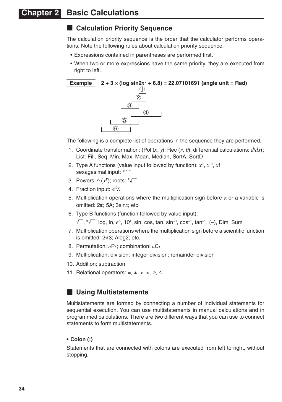 Chapter 2 basic calculations, Kk calculation priority sequence, Kk using multistatements | Casio fx-7400G PLUS Basic Operation User Manual | Page 22 / 30