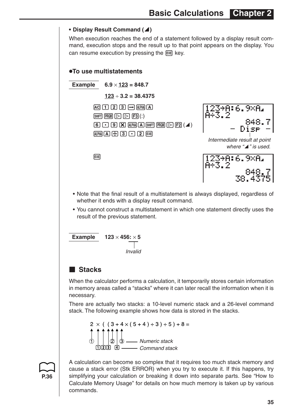 Basic calculations chapter 2, Kk stacks | Casio fx-7400G PLUS Basic Operation User Manual | Page 23 / 30