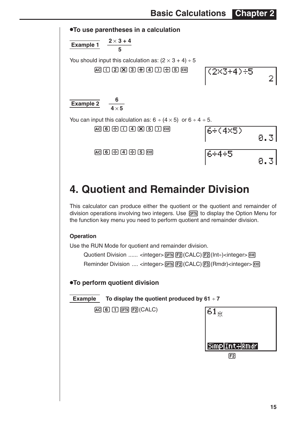 Quotient and remainder division, Basic calculations chapter 2 | Casio fx-7400G PLUS Basic Operation User Manual | Page 3 / 30