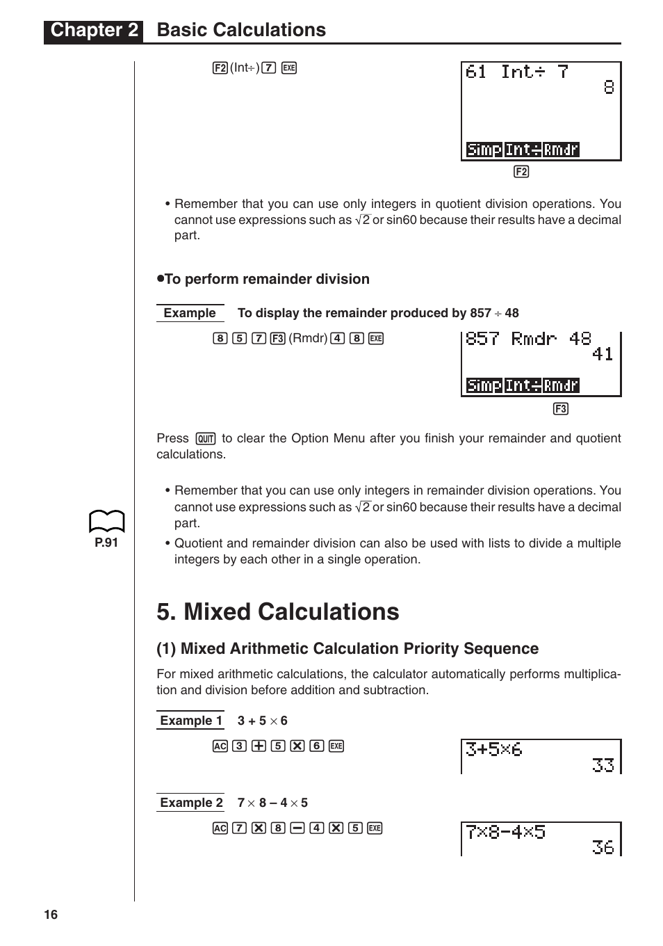 Mixed calculations, Chapter 2 basic calculations, 1) mixed arithmetic calculation priority sequence | Casio fx-7400G PLUS Basic Operation User Manual | Page 4 / 30