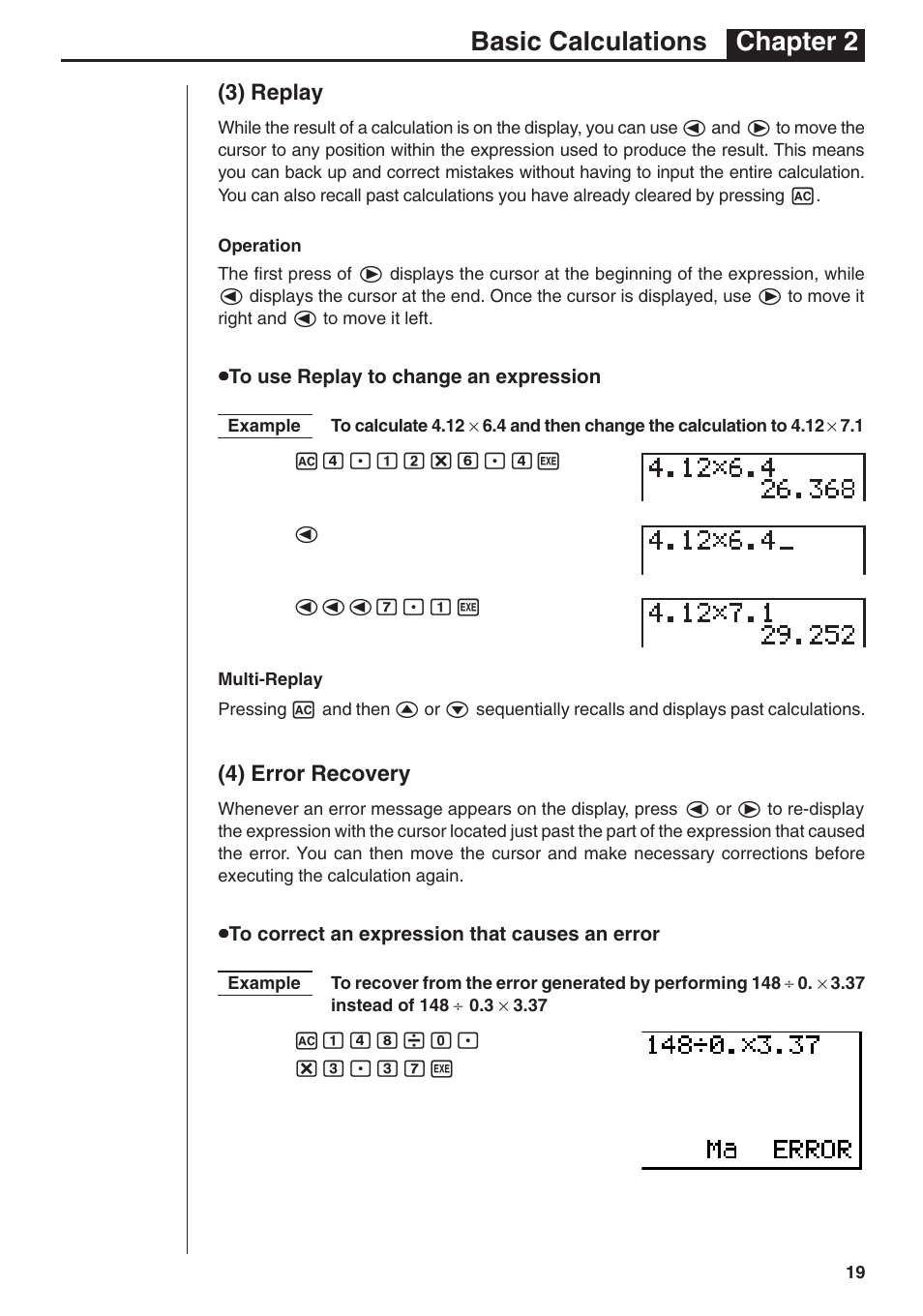 Basic calculations chapter 2, 3) replay, 4) error recovery | Casio fx-7400G PLUS Basic Operation User Manual | Page 7 / 30