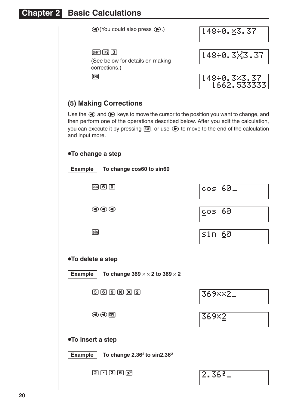 Chapter 2 basic calculations, 5) making corrections | Casio fx-7400G PLUS Basic Operation User Manual | Page 8 / 30