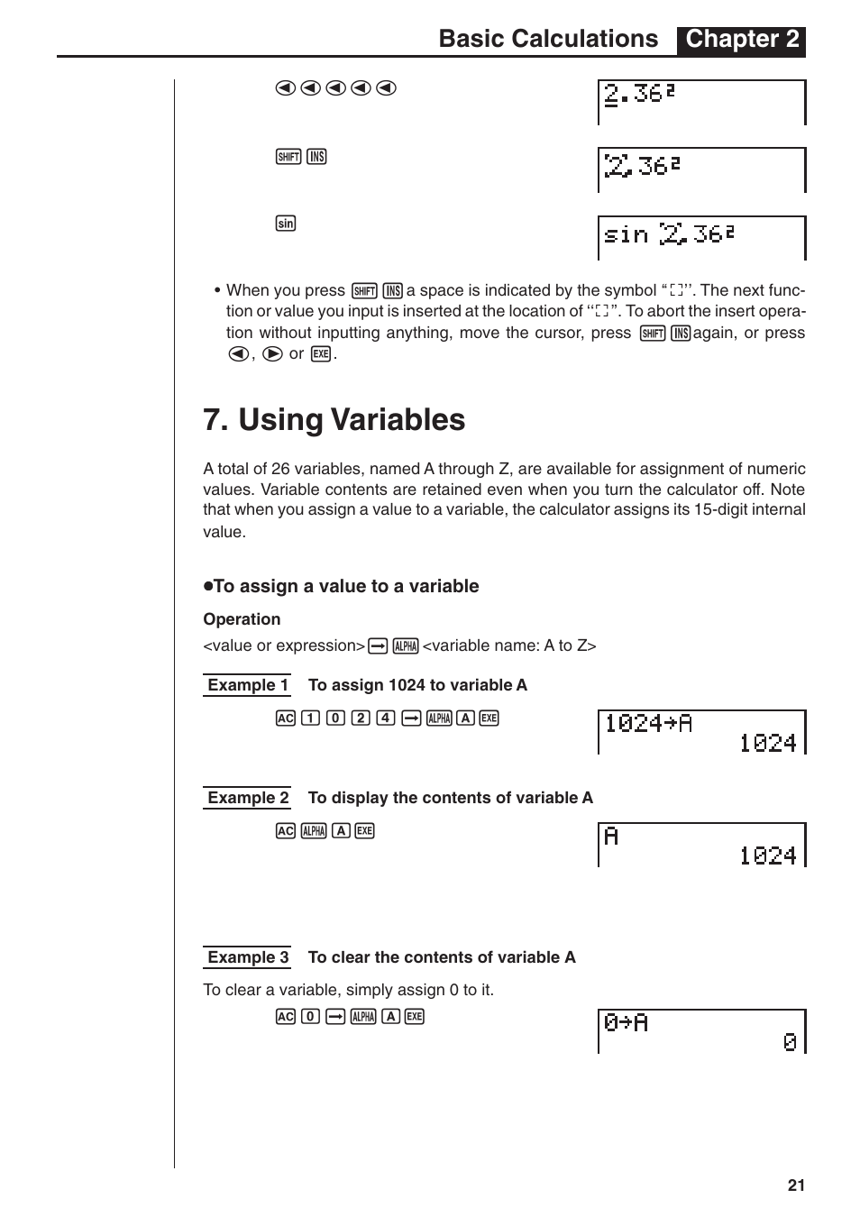 Using variables, Basic calculations chapter 2 | Casio fx-7400G PLUS Basic Operation User Manual | Page 9 / 30