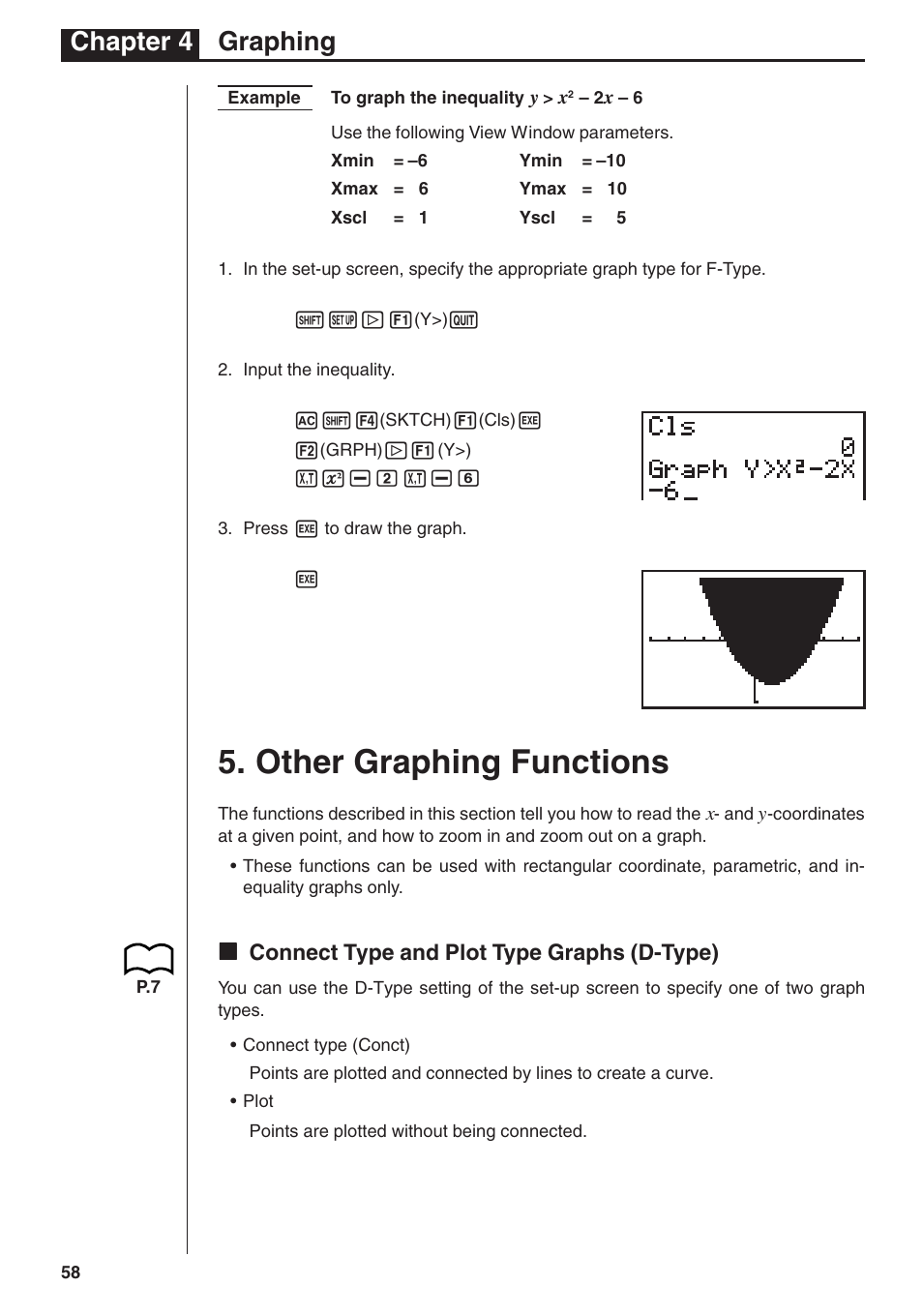 Other graphing functions, Chapter 4 graphing, Kk connect type and plot type graphs (d-type) | Casio fx-7400G PLUS Graphing User Manual | Page 12 / 26