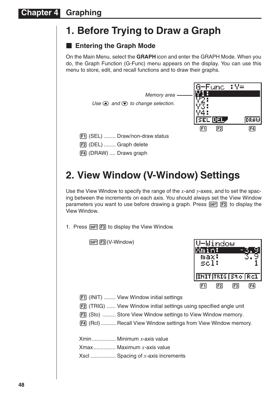 Before trying to draw a graph, View window (v-window) settings, Chapter 4 graphing | Casio fx-7400G PLUS Graphing User Manual | Page 2 / 26