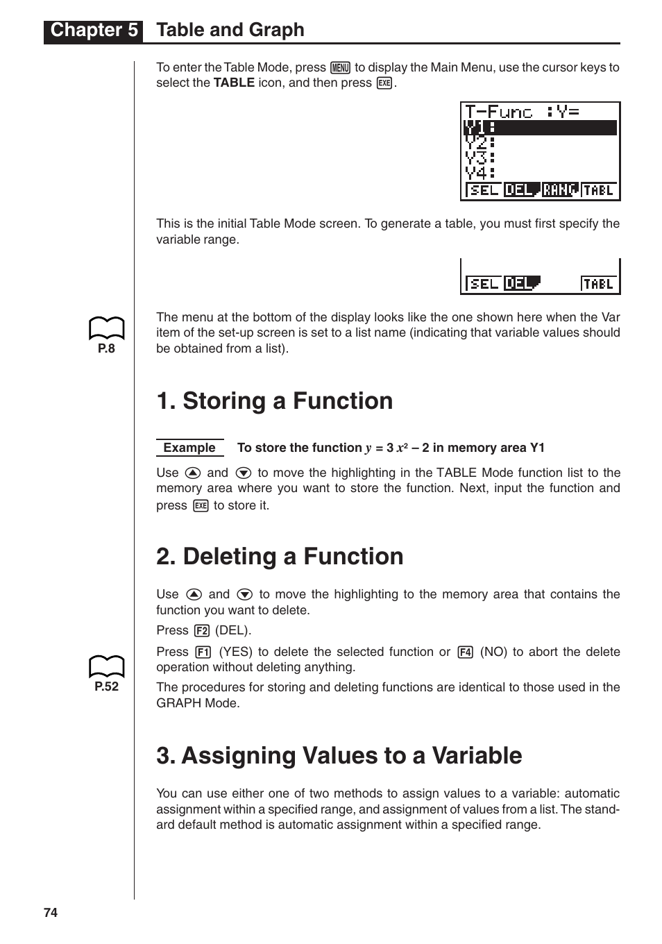 Storing a function, Deleting a function, Assigning values to a variable | Chapter 5 table and graph | Casio fx-7400G PLUS Table & Graph User Manual | Page 2 / 6