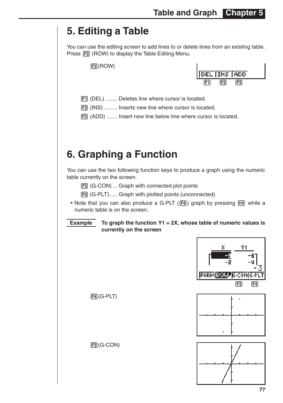 Editing a table, Graphing a function, Table and graph chapter 5 | Casio fx-7400G PLUS Table & Graph User Manual | Page 5 / 6