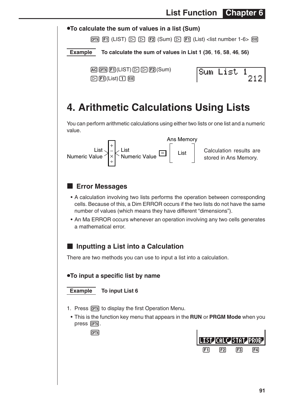 Arithmetic calculations using lists, List function chapter 6 | Casio fx-7400G PLUS List Function User Manual | Page 13 / 16