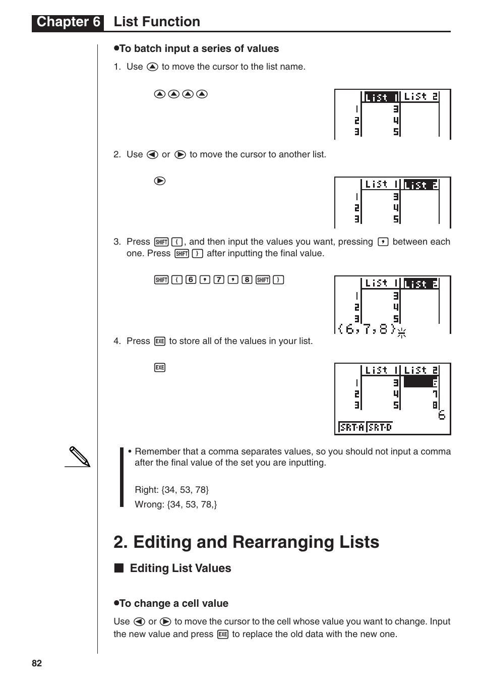 Editing and rearranging lists, Chapter 6 list function | Casio fx-7400G PLUS List Function User Manual | Page 4 / 16
