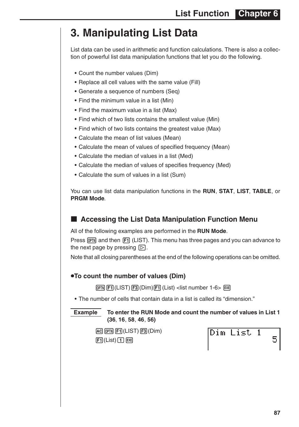 Manipulating list data, List function chapter 6 | Casio fx-7400G PLUS List Function User Manual | Page 9 / 16
