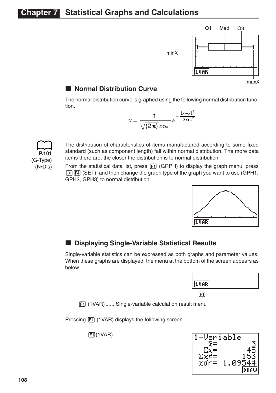 Chapter 7 statistical graphs and calculations, Kk normal distribution curve, Kk displaying single-variable statistical results | Casio fx-7400G PLUS Statistical Graphs and Calculations User Manual | Page 14 / 30