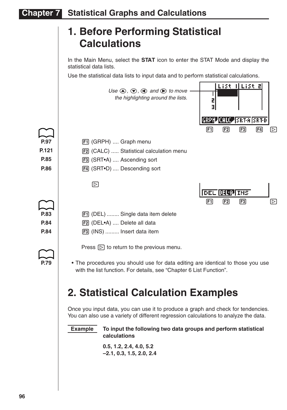 Before performing statistical calculations, Statistical calculation examples, Chapter 7 statistical graphs and calculations | Casio fx-7400G PLUS Statistical Graphs and Calculations User Manual | Page 2 / 30