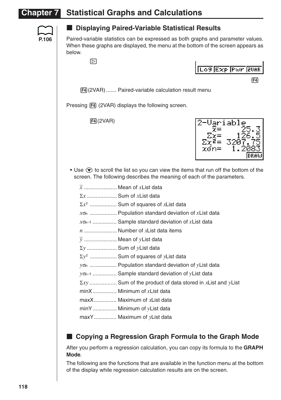 Chapter 7 statistical graphs and calculations, Kk displaying paired-variable statistical results | Casio fx-7400G PLUS Statistical Graphs and Calculations User Manual | Page 24 / 30