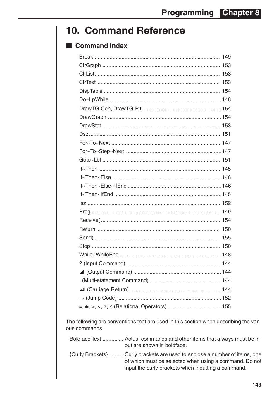 Command reference, Programming chapter 8, Kk command index | Casio fx-7400G PLUS Programming User Manual | Page 19 / 38