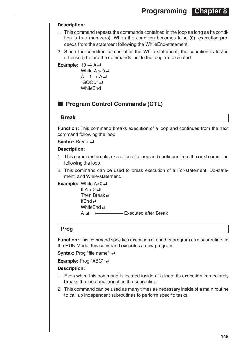 Programming chapter 8, Kk program control commands (ctl) | Casio fx-7400G PLUS Programming User Manual | Page 25 / 38