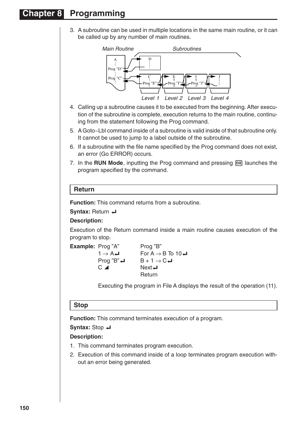 Chapter 8 programming, Return, Stop | Casio fx-7400G PLUS Programming User Manual | Page 26 / 38