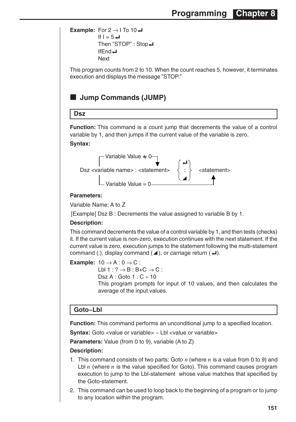 Programming chapter 8, Kk jump commands (jump) | Casio fx-7400G PLUS Programming User Manual | Page 27 / 38