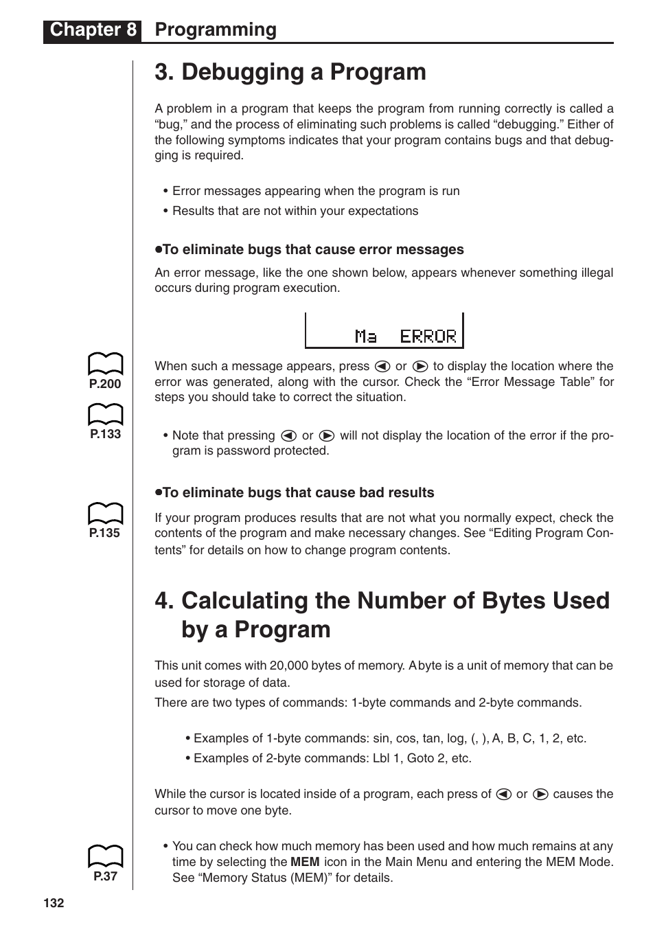 Debugging a program, Calculating the number of bytes used by a program, Chapter 8 programming | Casio fx-7400G PLUS Programming User Manual | Page 8 / 38