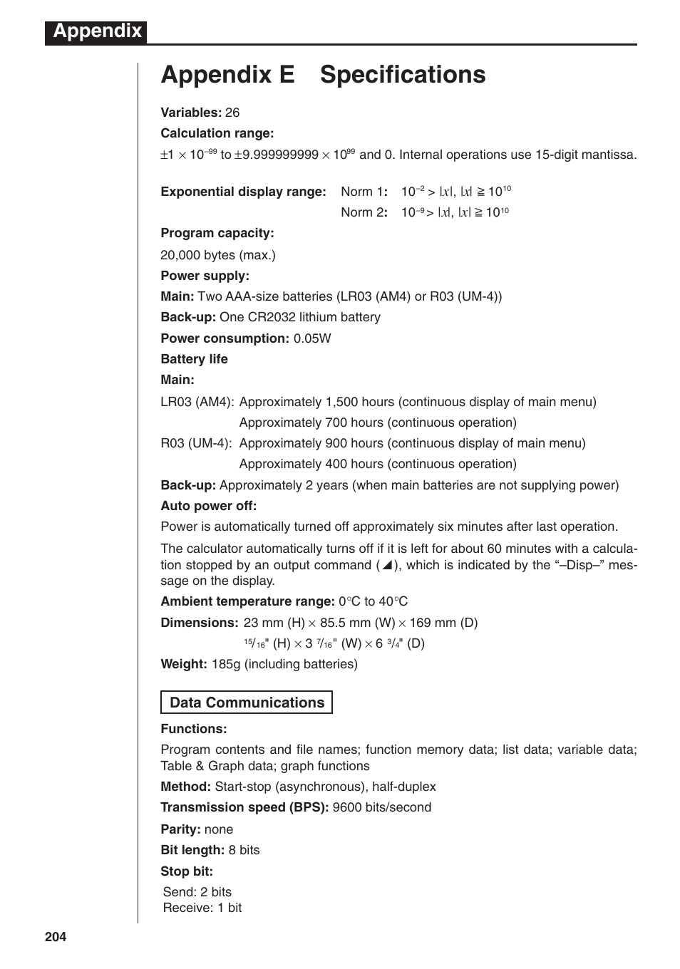 Appendix e specifications, Appendix | Casio fx-7400G PLUS Appendix User Manual | Page 12 / 14