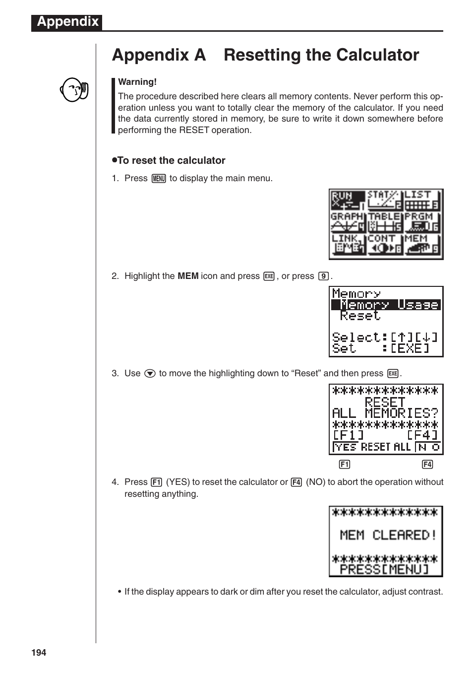 Appendix a resetting the calculator, Appendix | Casio fx-7400G PLUS Appendix User Manual | Page 2 / 14