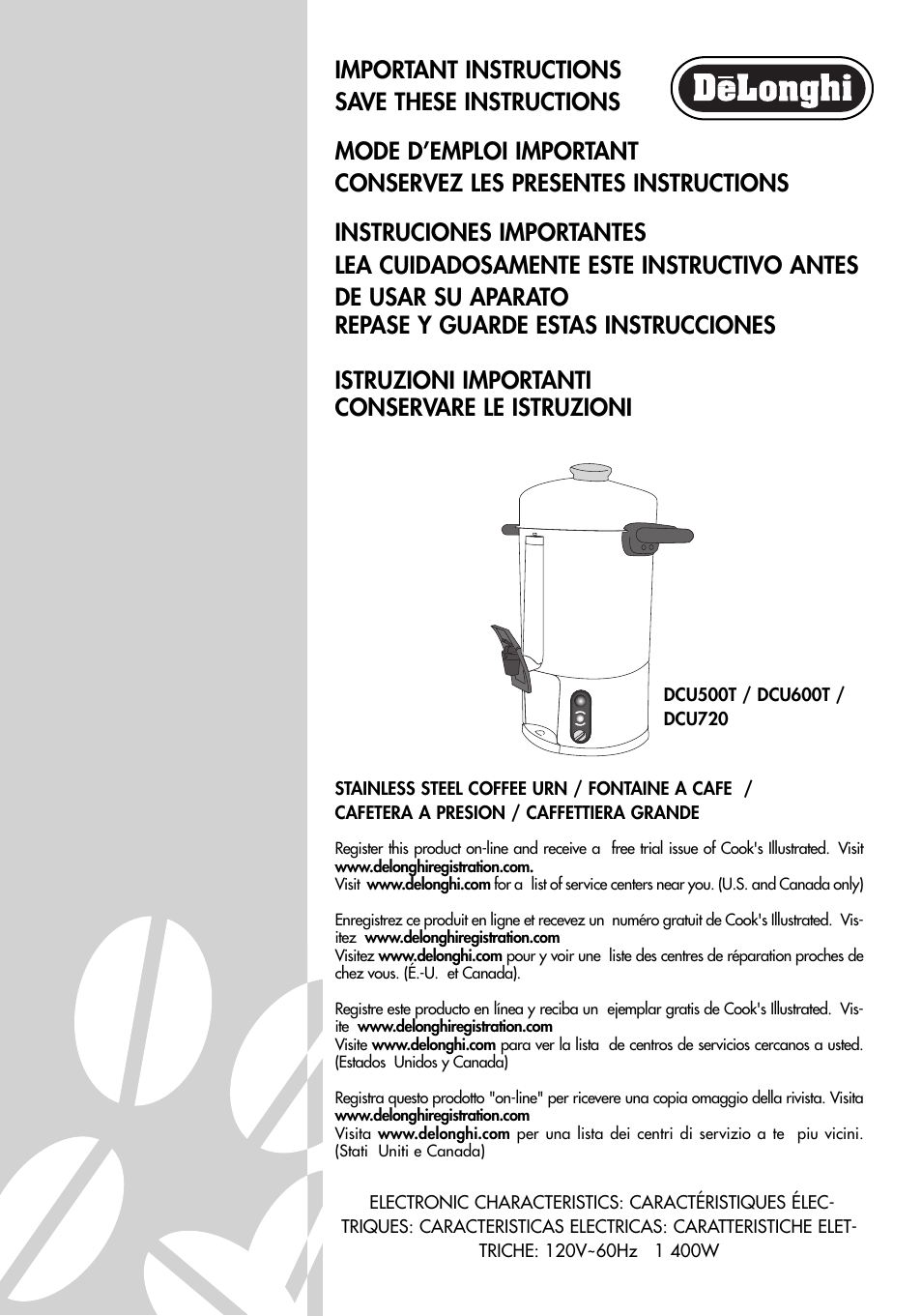 DeLonghi DCU500T User Manual | Page 2 / 8