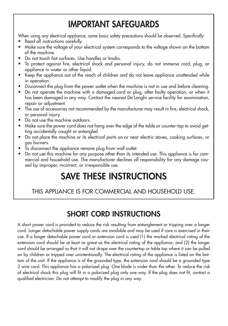 Important safeguards, Save these instructions, Short cord instructions | DeLonghi DCU500T User Manual | Page 4 / 8