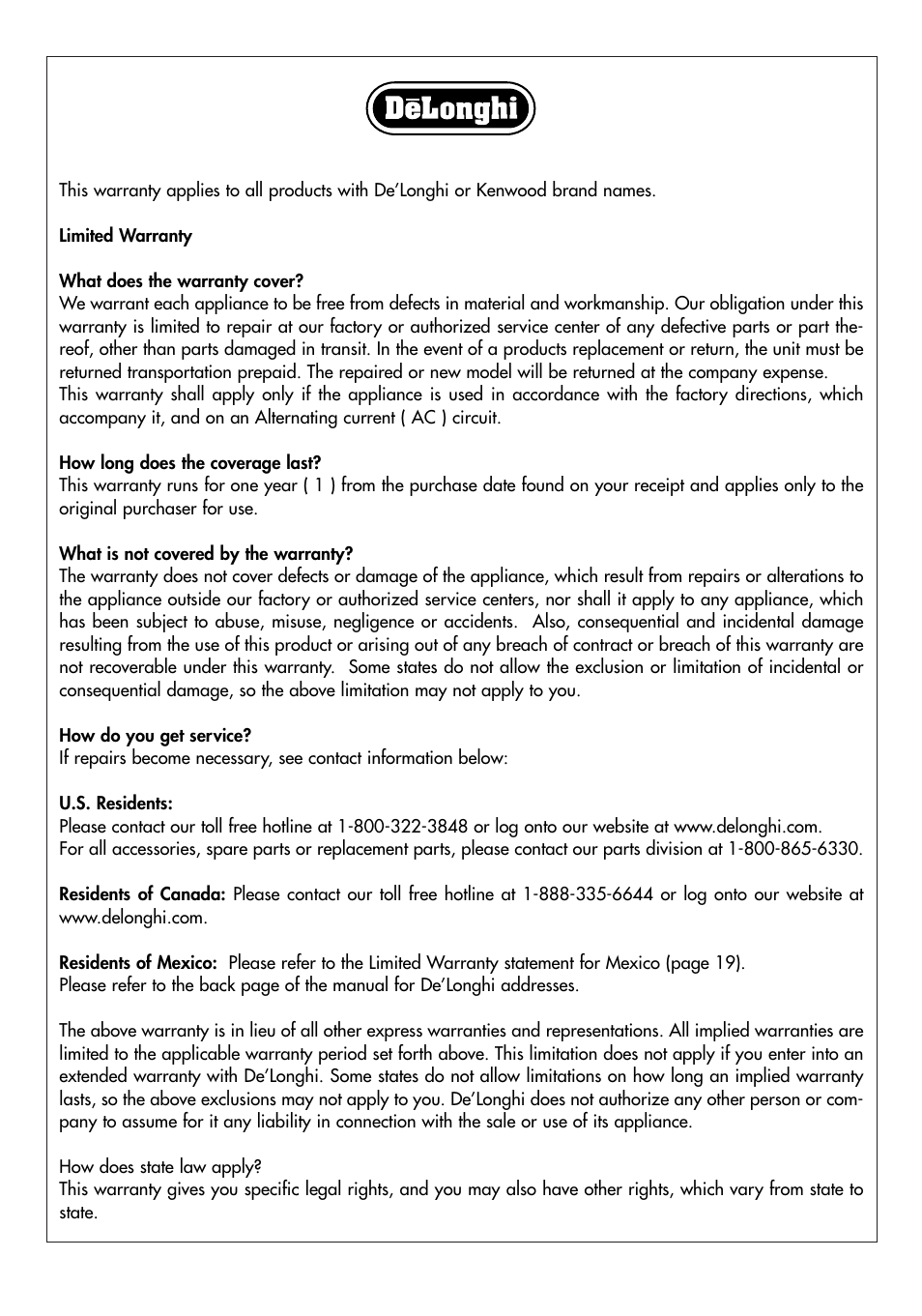 DeLonghi DCU500T User Manual | Page 8 / 8