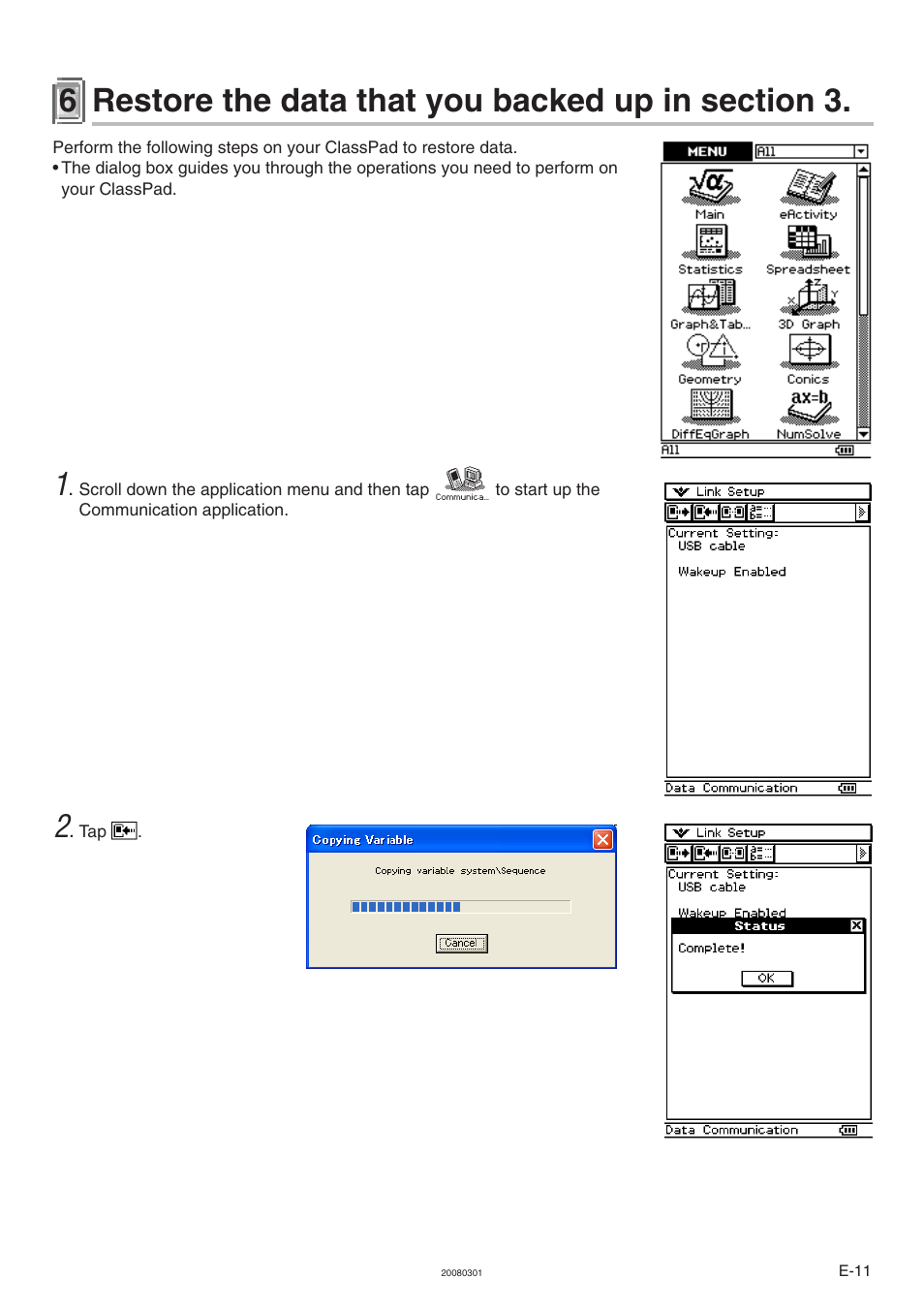 6 restore the data that you backed up in section 3 | Casio ClassPad 330 V.3.04 OS Update User Manual | Page 12 / 15