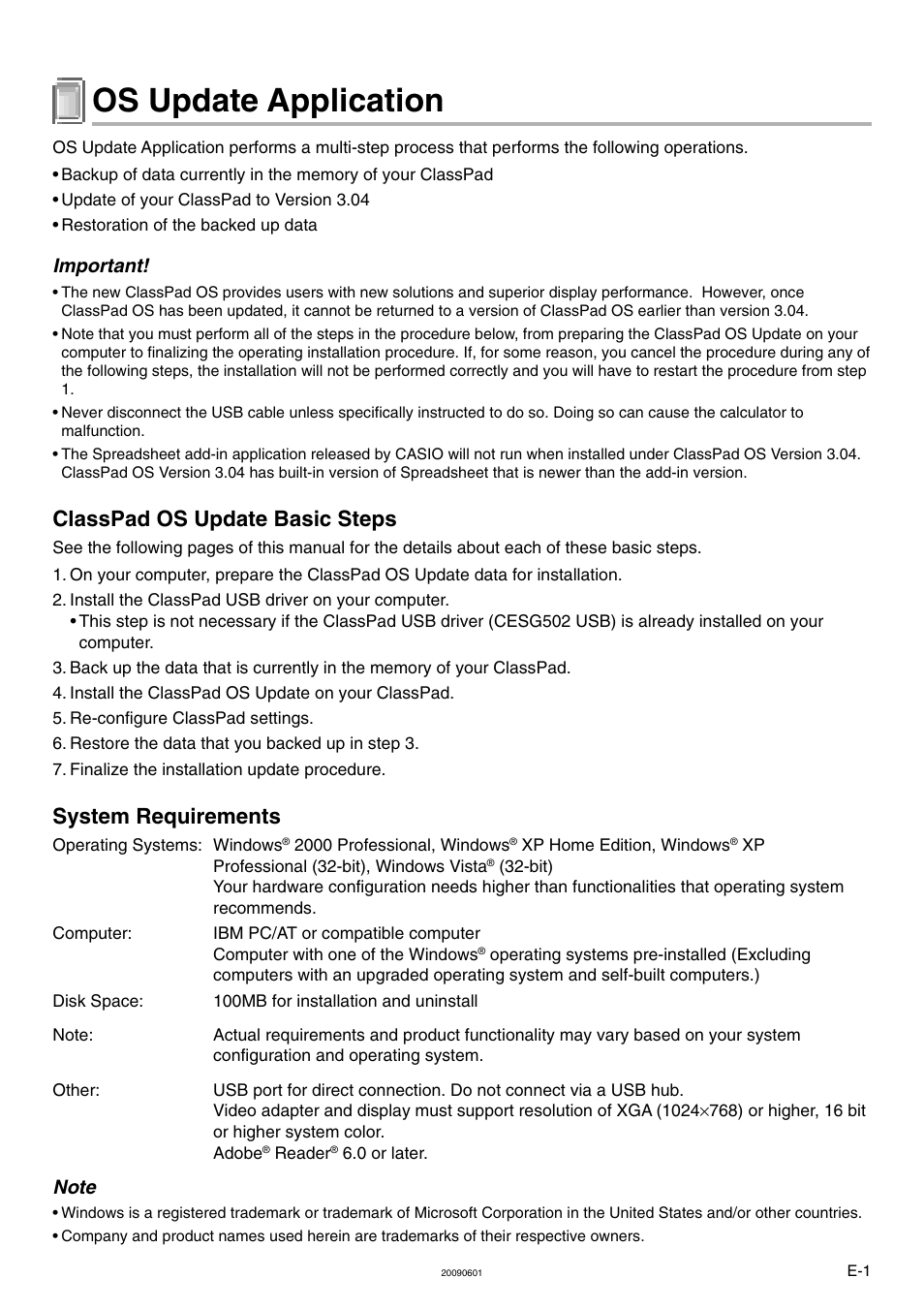 Os update application, Classpad os update basic steps, System requirements | Important | Casio ClassPad 330 V.3.04 OS Update User Manual | Page 2 / 15