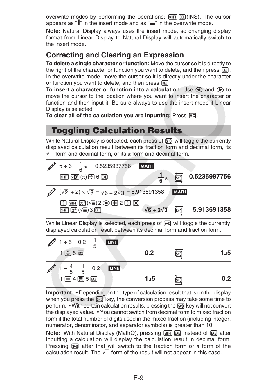 Toggling calculation results, Correcting and clearing an expression | Casio fx-92B Collège 2D+ User Manual | Page 10 / 31