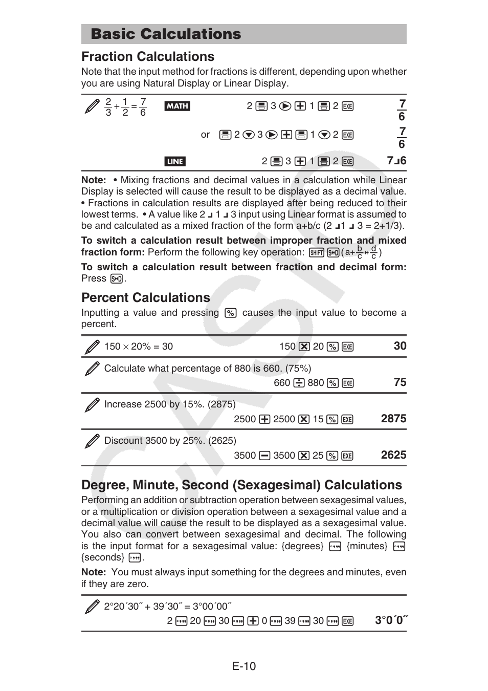 Basic calculations, Fraction calculations, Percent calculations | Degree, minute, second (sexagesimal) calculations | Casio fx-92B Collège 2D+ User Manual | Page 11 / 31