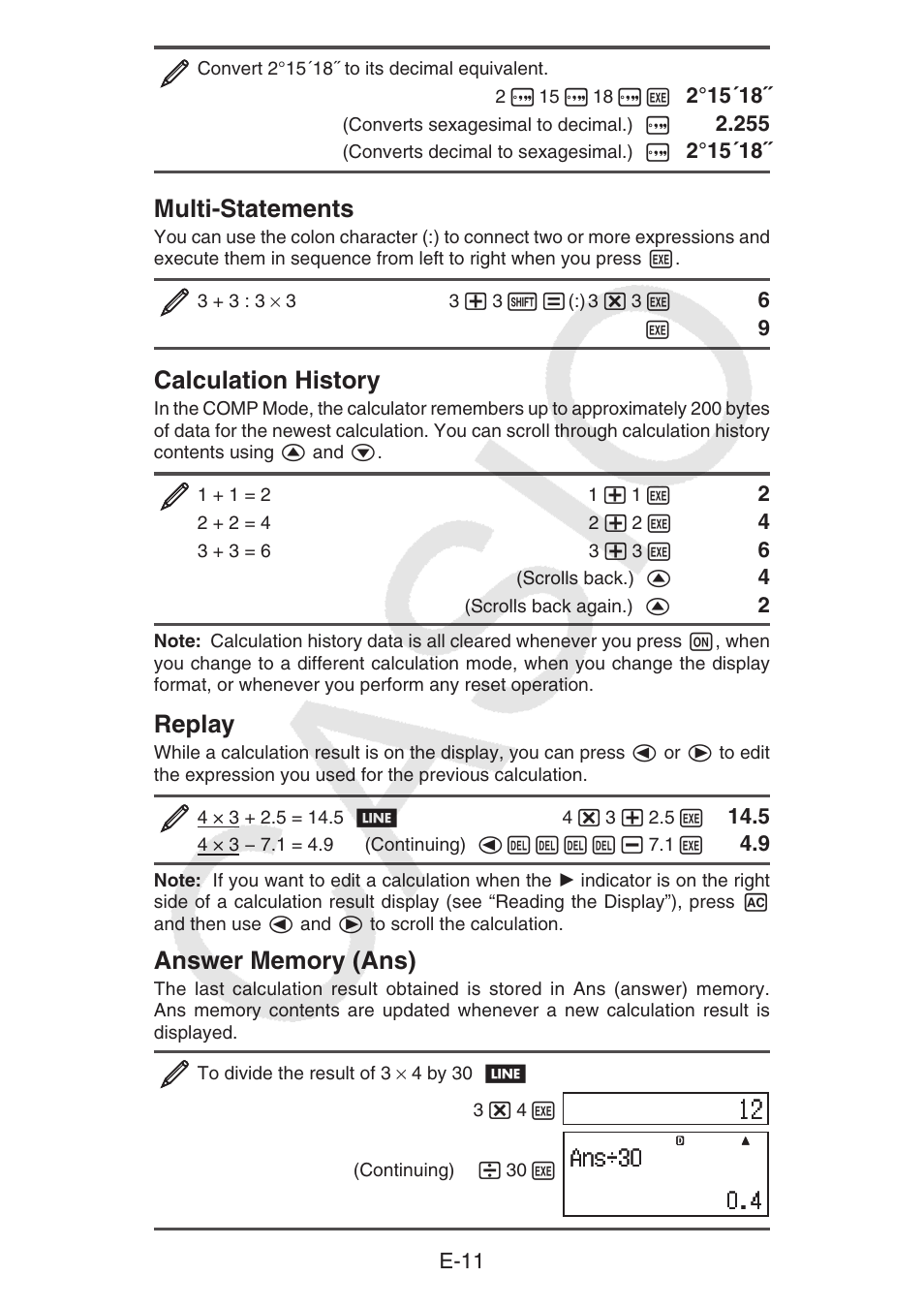 Multi-statements, Calculation history, Replay | Casio fx-92B Collège 2D+ User Manual | Page 12 / 31