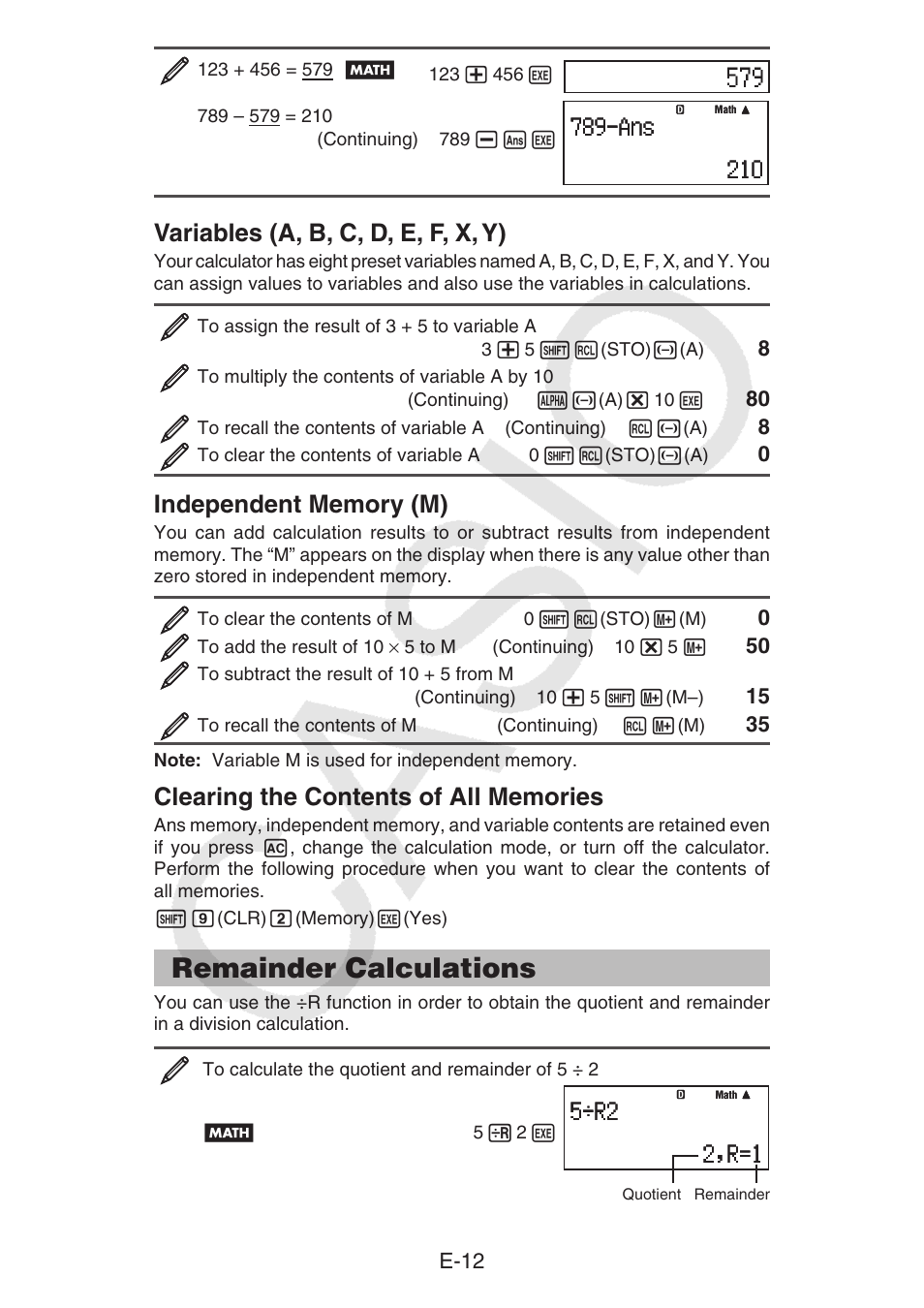 Remainder calculations, Variables (a, b, c, d, e, f, x, y), E-12 | Casio fx-92B Collège 2D+ User Manual | Page 13 / 31