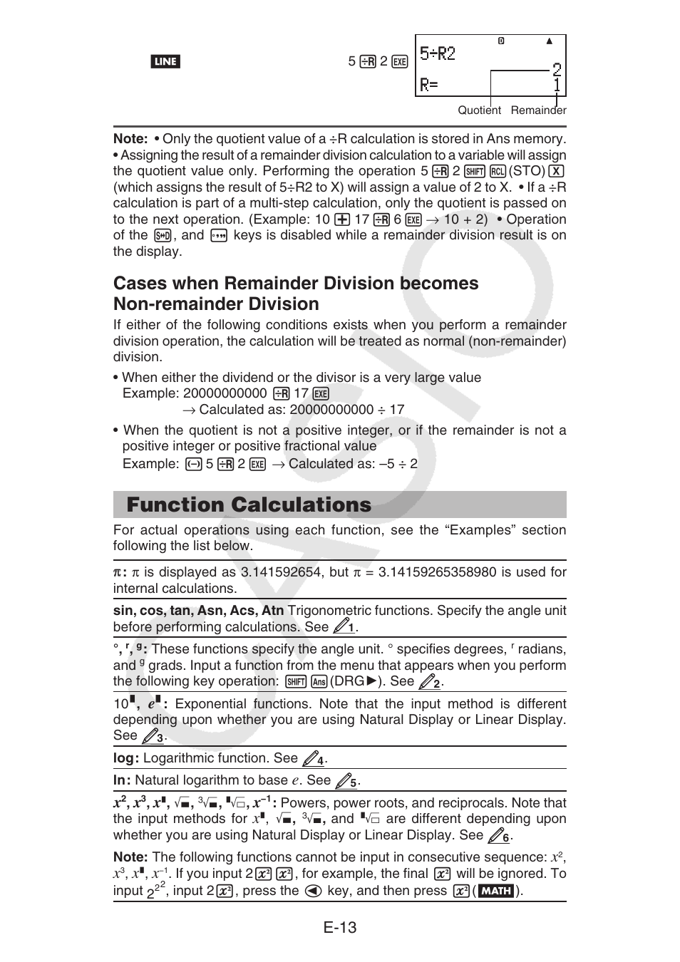 Function calculations, E-13 | Casio fx-92B Collège 2D+ User Manual | Page 14 / 31