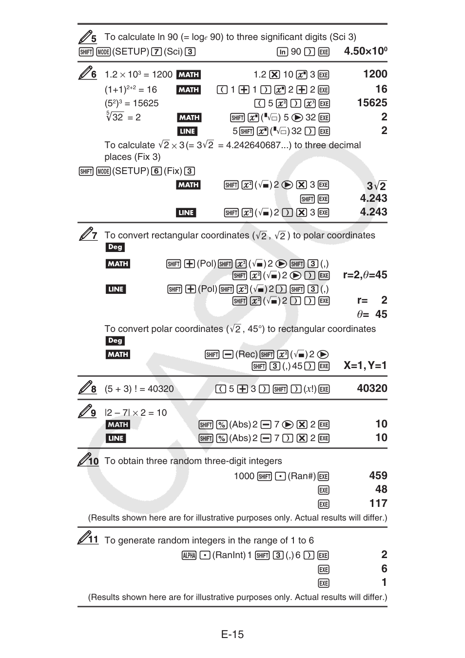 E-15, R=2, θ =45, R= 2 θ = 45 | X=1, y=1 | Casio fx-92B Collège 2D+ User Manual | Page 16 / 31