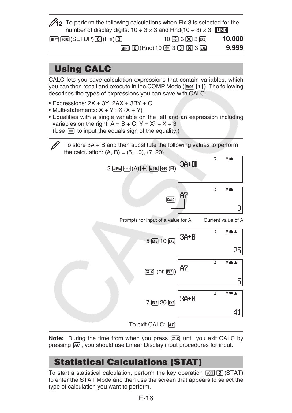 Using calc, Statistical calculations (stat), E-16 | Casio fx-92B Collège 2D+ User Manual | Page 17 / 31
