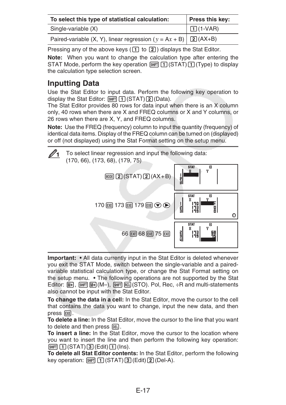 Inputting data, E-17 | Casio fx-92B Collège 2D+ User Manual | Page 18 / 31