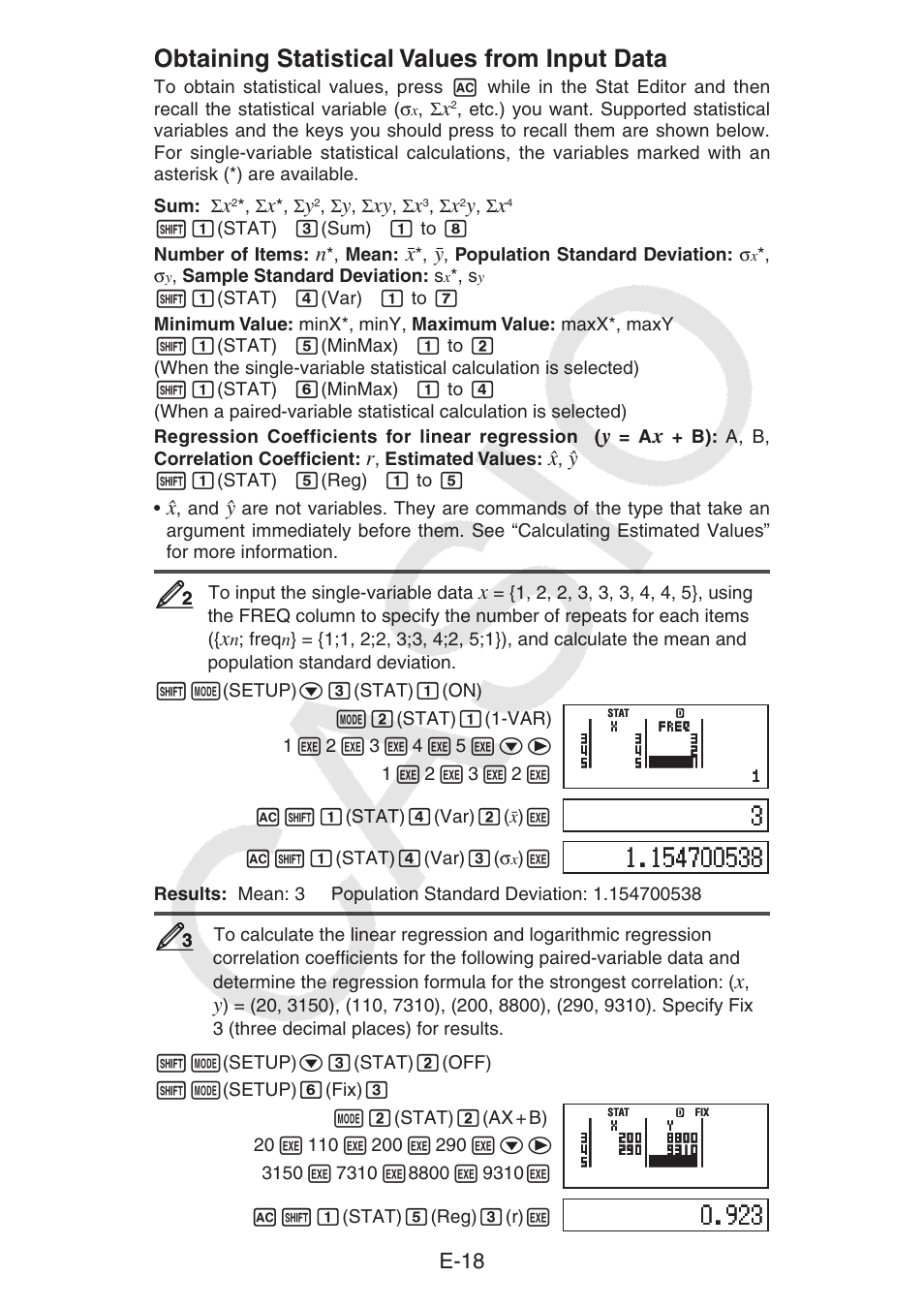 Obtaining statistical values from input data, E-18 | Casio fx-92B Collège 2D+ User Manual | Page 19 / 31