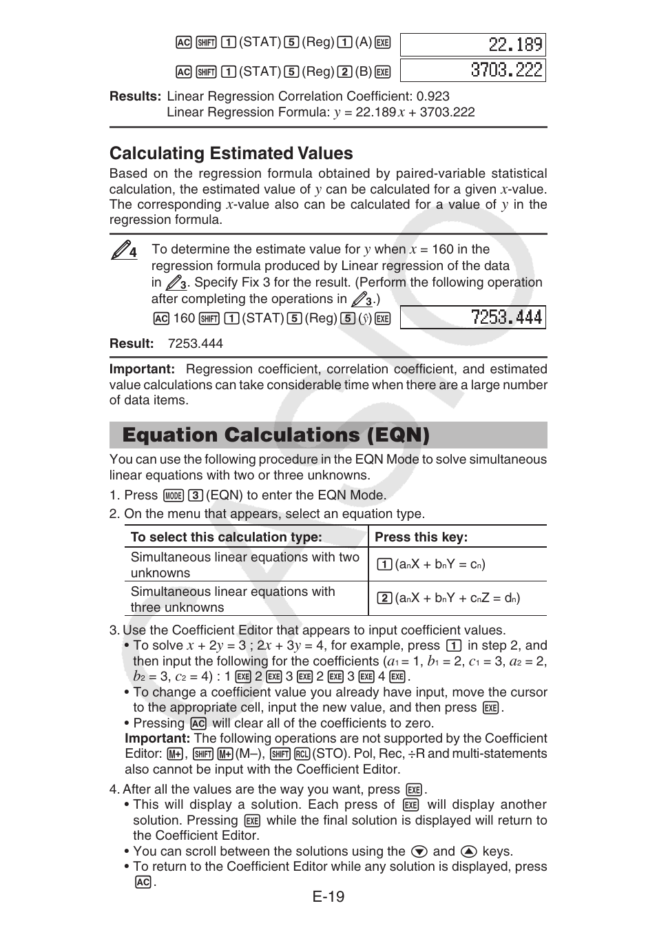 Equation calculations (eqn), Calculating estimated values, E-19 | Casio fx-92B Collège 2D+ User Manual | Page 20 / 31