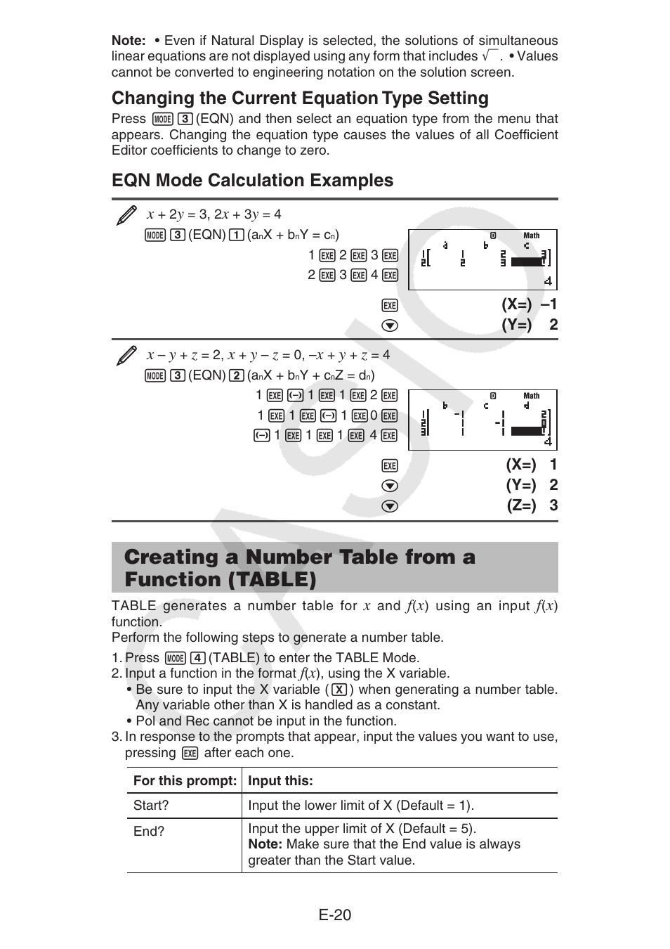 Creating a number table from a function (table), Changing the current equation type setting, Eqn mode calculation examples | E-20, X=) –1, Y=) 2, X=) 1, Z=) 3 | Casio fx-92B Collège 2D+ User Manual | Page 21 / 31