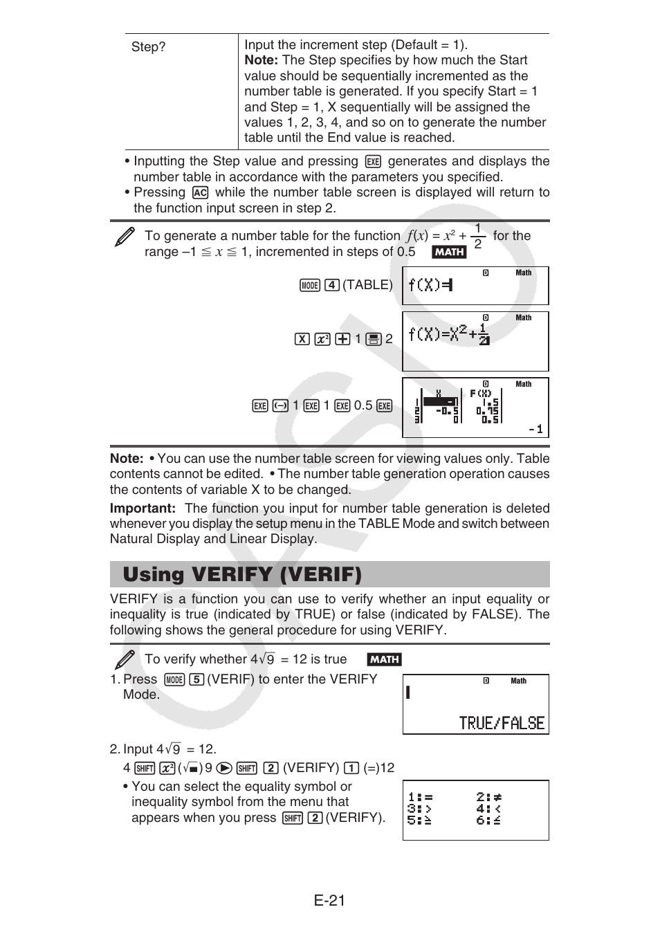 Using verify (verif), E-21 | Casio fx-92B Collège 2D+ User Manual | Page 22 / 31