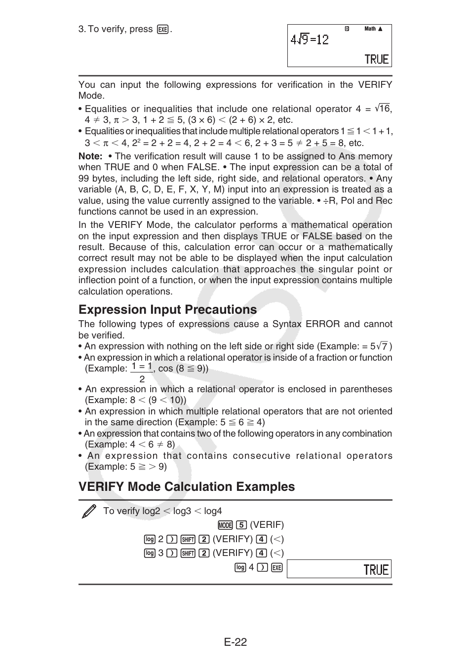 Expression input precautions, Verify mode calculation examples, E-22 | Casio fx-92B Collège 2D+ User Manual | Page 23 / 31