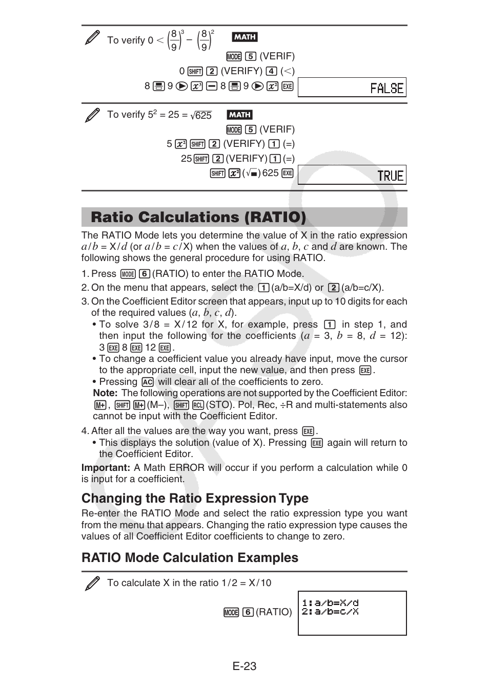 Ratio calculations (ratio), Changing the ratio expression type, Ratio mode calculation examples | Casio fx-92B Collège 2D+ User Manual | Page 24 / 31